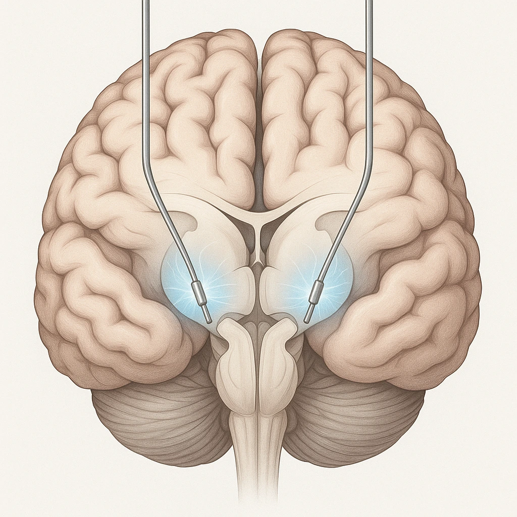 Ilustração de eletrodos de DBS implantados no cérebro